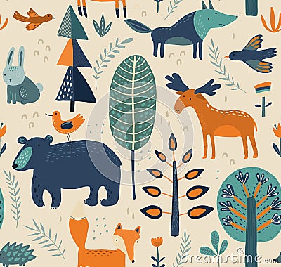 Vector seamless pattern with hand drawn forest animals, trees, flowers and plants Vector Illustration