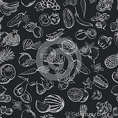 Vector seamless pattern of hand drawn fruits and vegetables. White illustrations on the dark blackboard Vector Illustration