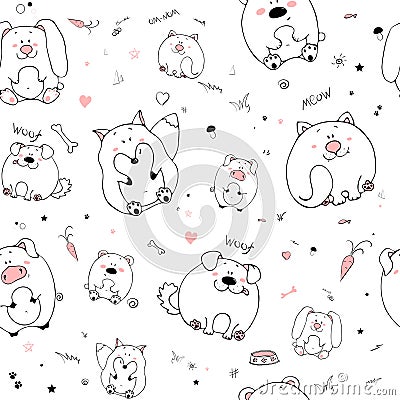 Vector seamless pattern with hand-drawn funny cute fat animals. Silhouettes of animals on a white background. Fun texture witn Vector Illustration