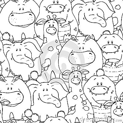 Vector seamless pattern with hand-drawn funny cute fat animals. Silhouettes of animals on a white background. Fun texture with Vector Illustration