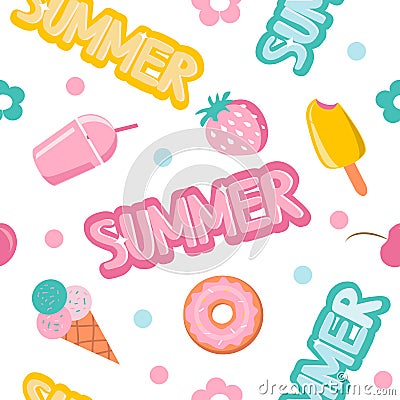 Vector seamless pattern with hand drawn ice cream, rainbow, flowers, cherries, strawberries and donuts Vector Illustration