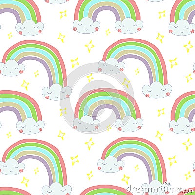 Vector seamless pattern Hand drawn illustration of a rainbow out of the clouds Cartoon Illustration