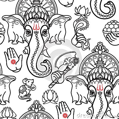 Vector seamless pattern of hand drawn line art Ganesha. Vector Illustration