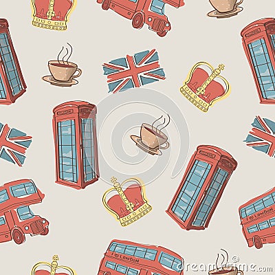 Vector seamless pattern of hand-drawn London symbols Vector Illustration