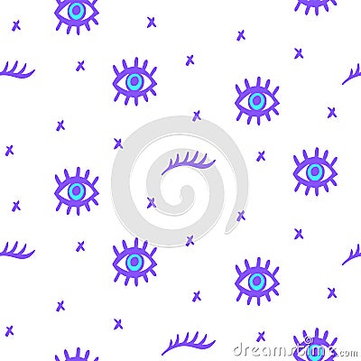 Vector Seamless pattern with hand drawn open and winking neon psychedelic eyes doodle Vector Illustration