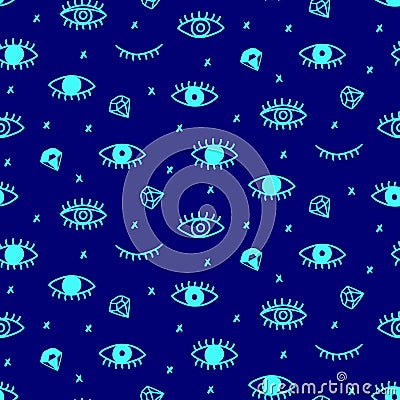 Vector Seamless pattern with hand drawn open and winking neon psychedelic eyes Vector Illustration