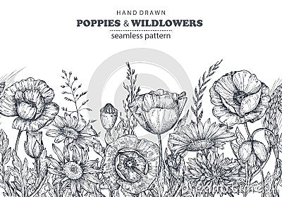 Vector seamless pattern with hand drawn poppy and other flowers and plants Vector Illustration