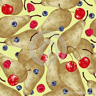 Vector seamless pattern with hand-drawn realistic pear, raspberry, cherry, blaeberry, like paints, juicy colors, appetizing, fresh Stock Photo