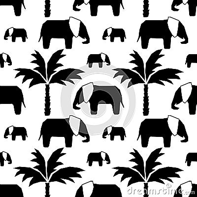 Vector Seamless pattern with hand drawn silhouette elephants and baby elephant, palm trees Stock Photo