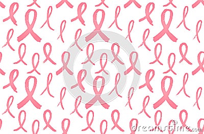 Vector seamless pattern of hand drawn textured pink breast cancer awareness ribbon Women oncological disease awareness Vector Illustration