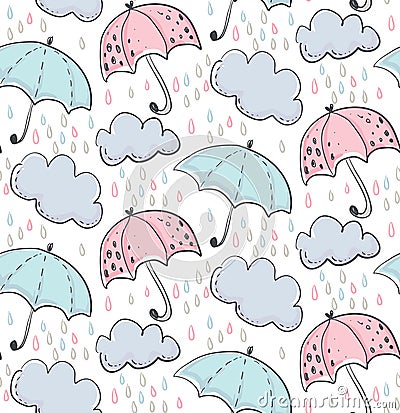 Vector seamless pattern with hand drawn umbrellas, clouds, rain drops Vector Illustration