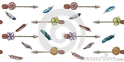 Vector seamless pattern with hand drawn vintage arrows, feathers and floral elements Stock Photo