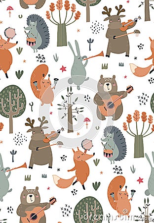Vector seamless pattern with hand drawn wild forest animals with musical instruments. Vector Illustration