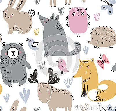 Vector seamless pattern with hand drawn wild forest animals, Vector Illustration