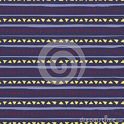 Vector seamless pattern with handdrawn stripes and triangles . Hand drawn Purple, red and yellow stripes and triangles Stock Photo