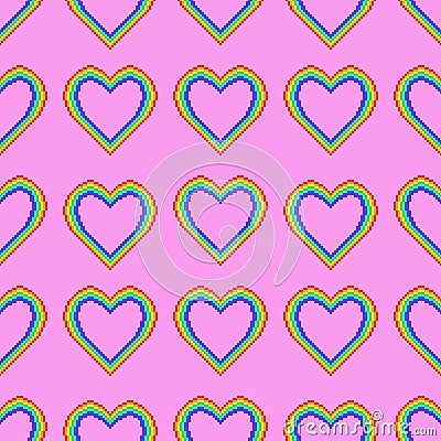 Vector seamless pattern of hearts in rainbow colors. Vector rainbow 8 bit pixel art style heart. LGBT community symbol. Pixel colo Vector Illustration