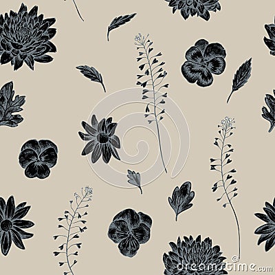 Vector seamless pattern of heartseases, shepherd purse and capsella. Hand drawn vector illustration Vector Illustration