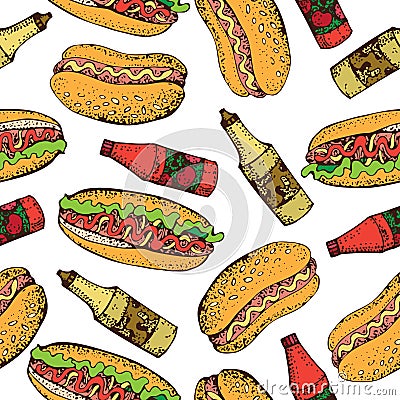 Vector seamless pattern of hot dog, bottle of ketchup and mustard. Fast food cartoon background. Vector Illustration