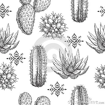 Vector seamless pattern with houseplants and aztec ornament. Vintage illustration with cactus and succulents in engraving style. Vector Illustration