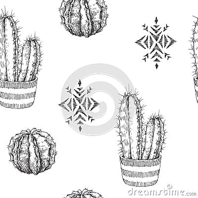 Vector seamless pattern with houseplants and aztec ornament. Vintage illustration with cactus and succulents in engraving style. Vector Illustration