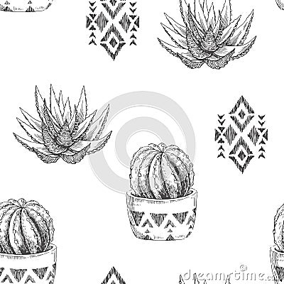 Vector seamless pattern with houseplants and aztec ornament. Vintage illustration with cactus and succulents in engraving style. Vector Illustration