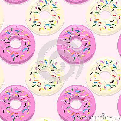 Vector seamless pattern illustration of donuts pink and light glaze on a light pink Vector Illustration