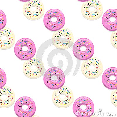Vector seamless pattern illustration of donuts pink and light glaze on a white Vector Illustration