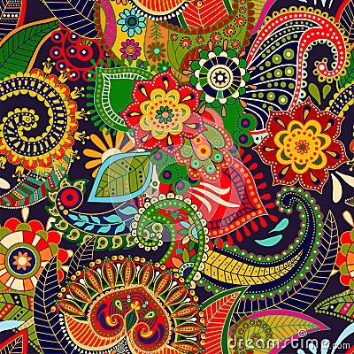 Vector seamless pattern. Indian floral ornament. Colorful decorative wallpaper. Paisley and plants. Vector illustration Vector Illustration