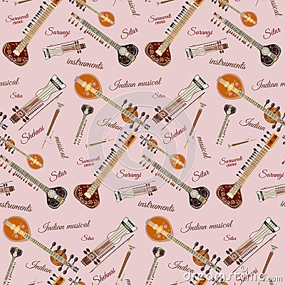 Vector seamless pattern with indian musical instruments Vector Illustration