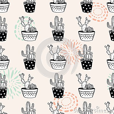 Vector seamless pattern with ink circle textures, cactuses and succulents in pots Vector Illustration