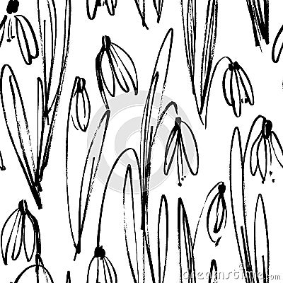 Vector seamless pattern with ink drawing snowdrops, herbs and flowers, monochrome artistic botanical illustration Vector Illustration