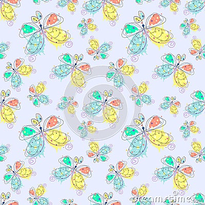 Vector seamless pattern with insect Hand drawn outline decorative endless background with cute drawn butterfly Graphic illustratio Vector Illustration