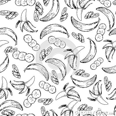 Vector seamless pattern of isolated banana. hand drawn colored exotic fruits. Engraved art. Vector Illustration