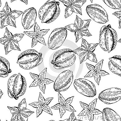 Vector seamless pattern of isolated carambola. hand drawn colored exotic fruits. Engraved art. Vector Illustration