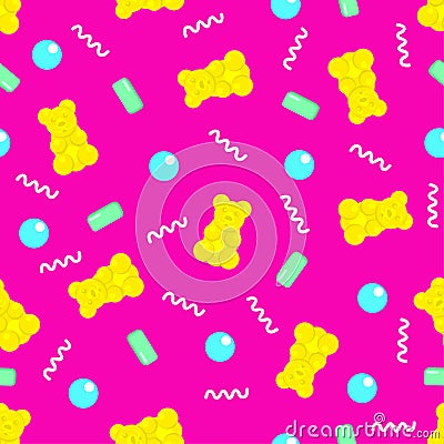 Vector seamless pattern with jelly bears, bubbles and chewing gums. Stock Photo