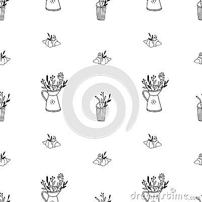 Vector seamless pattern with jug, glass, croissant, flowers. Hand drawn illustration. Colorless contour ornament Vector Illustration