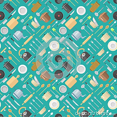 Vector seamless pattern with kitchenware pans jars grater dishes cup teapot kettle kitchen scale rolling pin spoon Vector Illustration