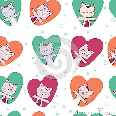 Vector seamless pattern with kitten. Funny background with animals for kids. Cute in love cat in heart. Romantic. White Vector Illustration