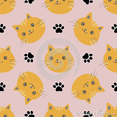 Vector seamless pattern with kittens and paw`s footprints. Vector Illustration