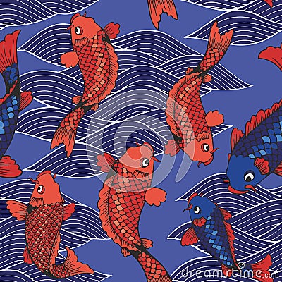 Vector seamless pattern with koi carps and waves on a blue background. Hand drawing Vector Illustration