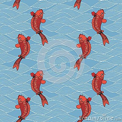 Vector seamless pattern with koi carps and waves on a blue background. Hand drawing in Japanese style Vector Illustration