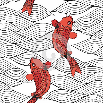 Vector seamless pattern with koi carps and waves on a white background. Hand drawing. Decorative background Vector Illustration