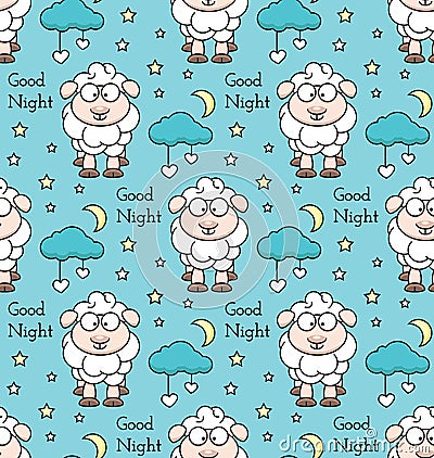Vector seamless pattern with lambs, hearts, stars, moon, clouds and text. Stock Photo