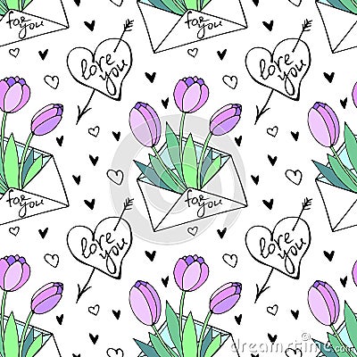 Vector seamless pattern with letter, flowers tulips, hearts and lettering of love theme. Hand drawn texture Vector Illustration