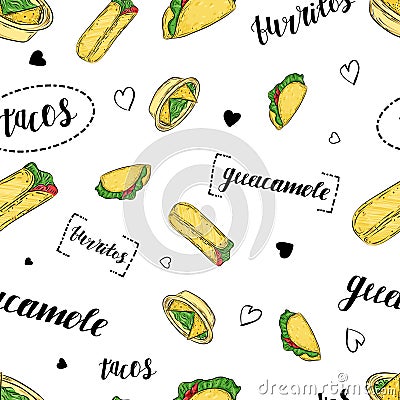 Vector seamless pattern with lettering and tacos, burritos, nachos and guacamole. Mexican food concept. Vector Illustration