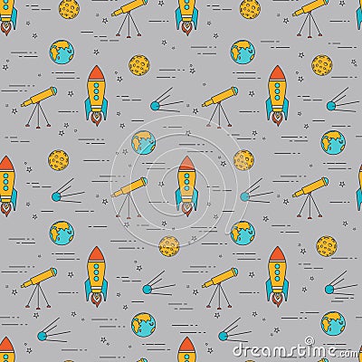 Vector seamless pattern with line icons about space life. Astronomy background for website or cover for book. Vector Illustration