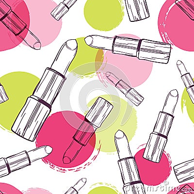 Vector seamless pattern with lipsticks and watercolor blots. Vector Illustration