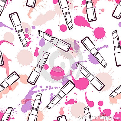 Vector seamless pattern with lipsticks, watercolor blots and splashes. Vector Illustration