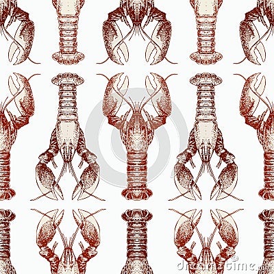 Vector seamless pattern with lobsters. Retro omar lillustration. Hand drawn sketch seafood. Engraved style crayfish Vector Illustration