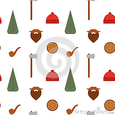 Vector seamless pattern with lumberjack icons: mustache, tree Vector Illustration